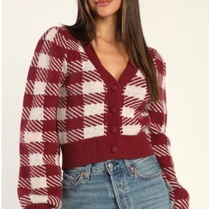 Lulu's Burgundy Checkered Button-Up Cardigan Sweater